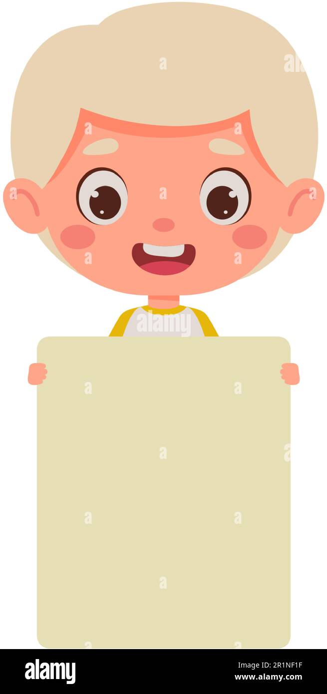 Cute little kid boy with blond hair holding empty blank board. Cartoon ...
