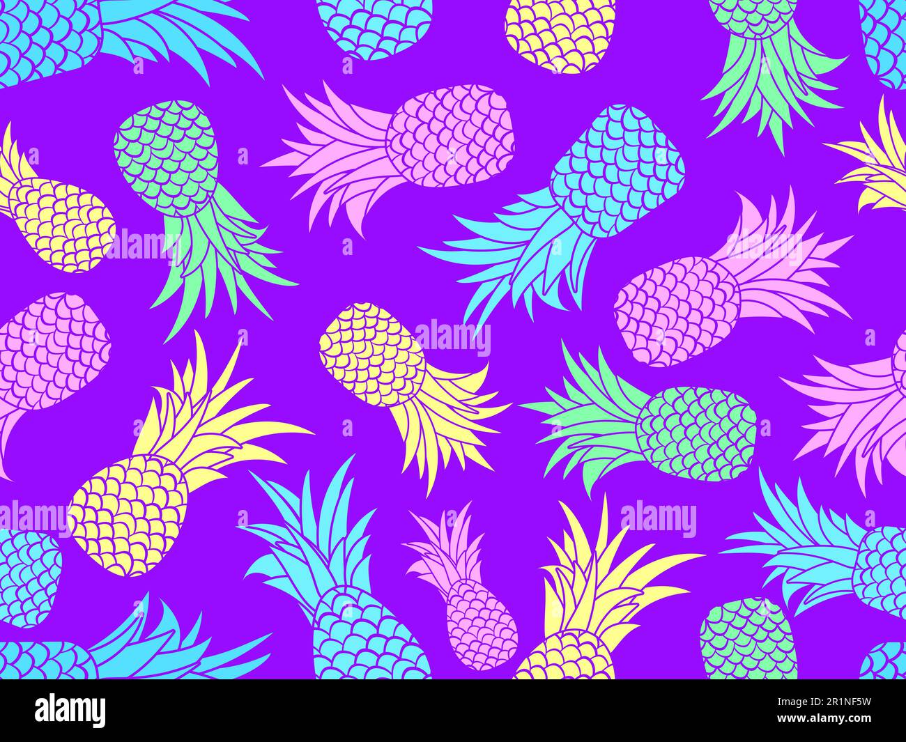 Pineapple seamless pattern. Multicolored pineapples on a purple