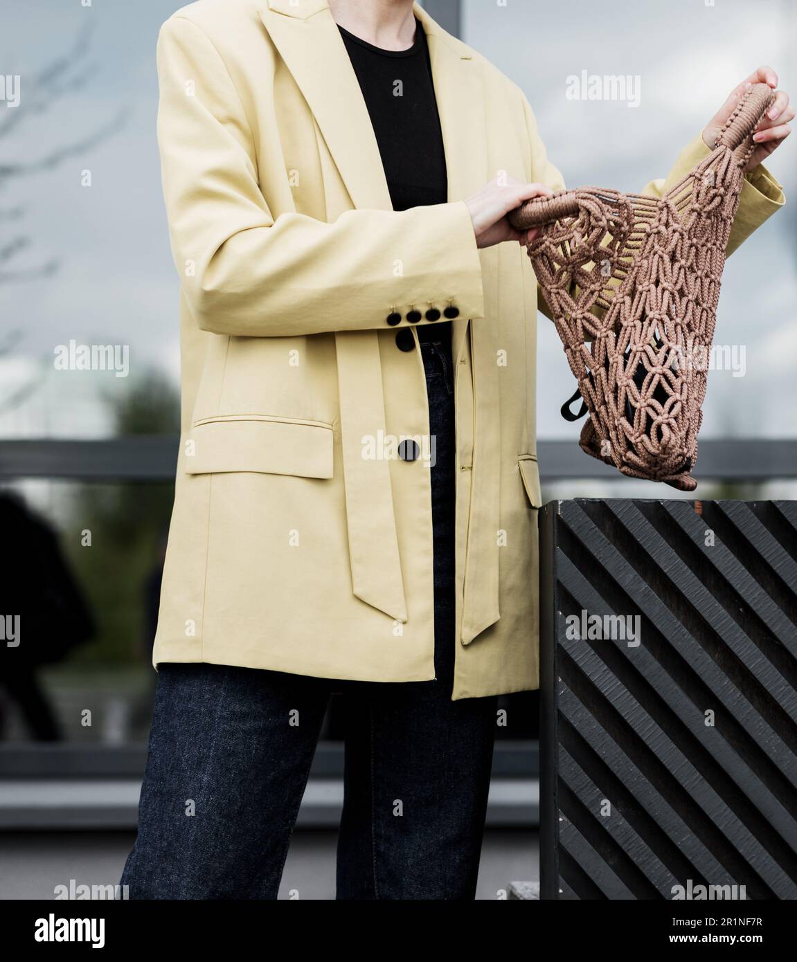 woman holding reusable shopping bag. eco friendly concept. zero waste Stock Photo