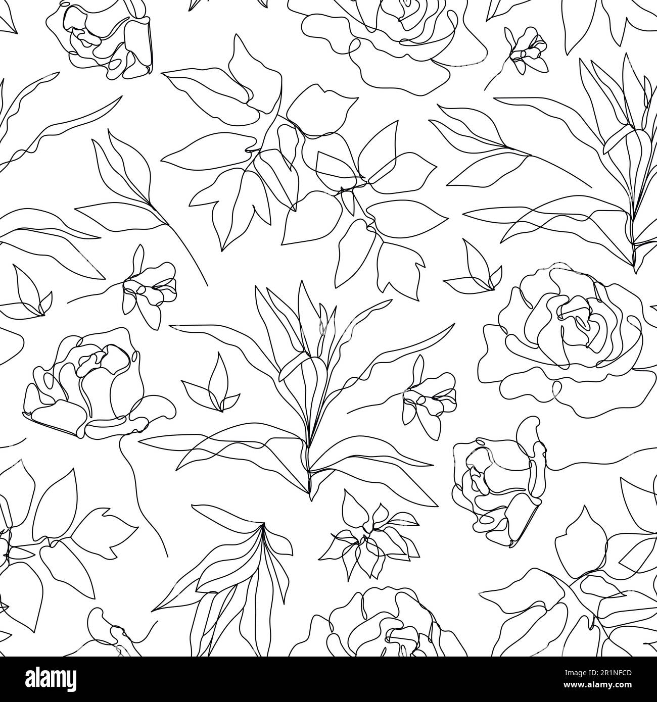 Vector flower linear seamless background, roses and leaves. One
