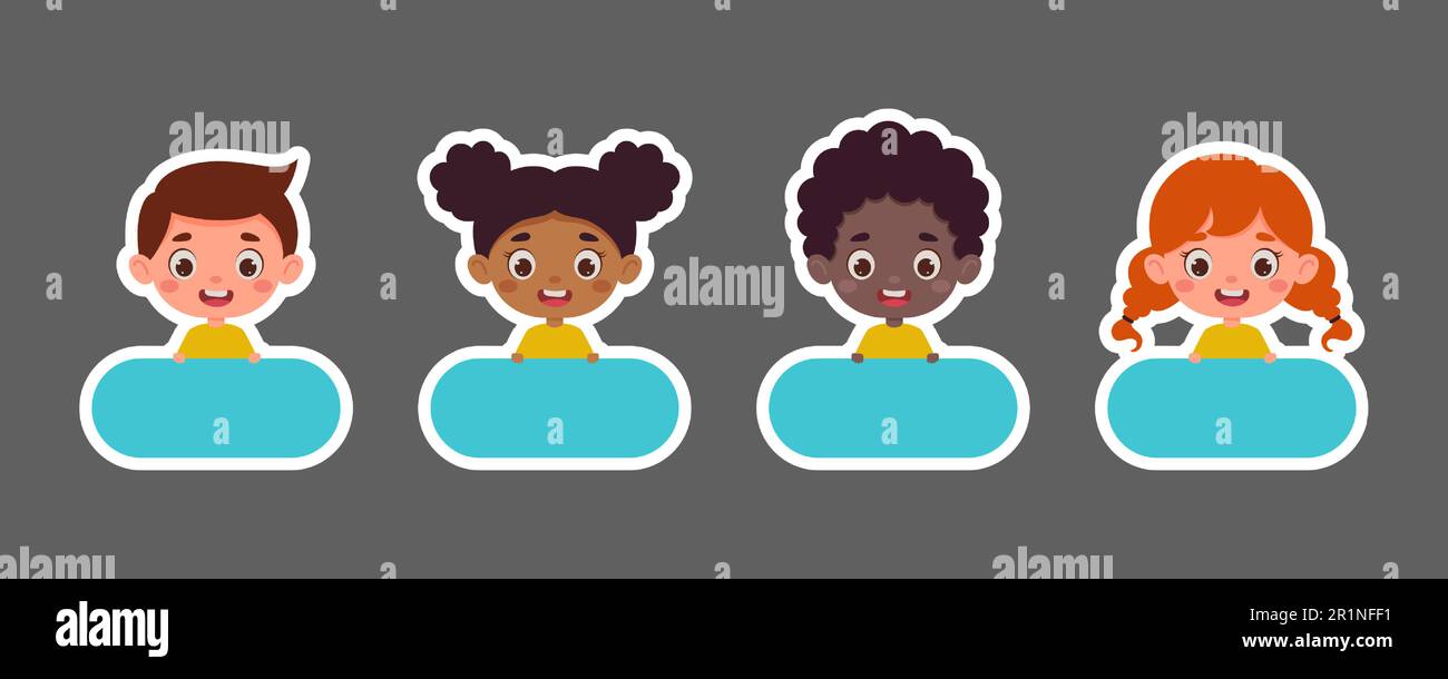 Cute kid boy and girl name tags for school. Sticky labels set for