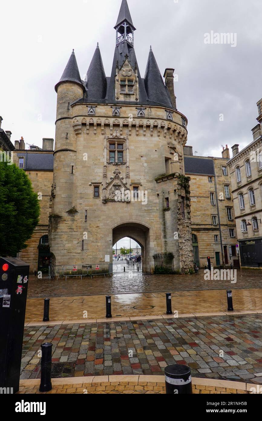 Porte Cailhau, built in 1495, the historic landmark was once the main gate to the city of Bordeaux, France. Stock Photo