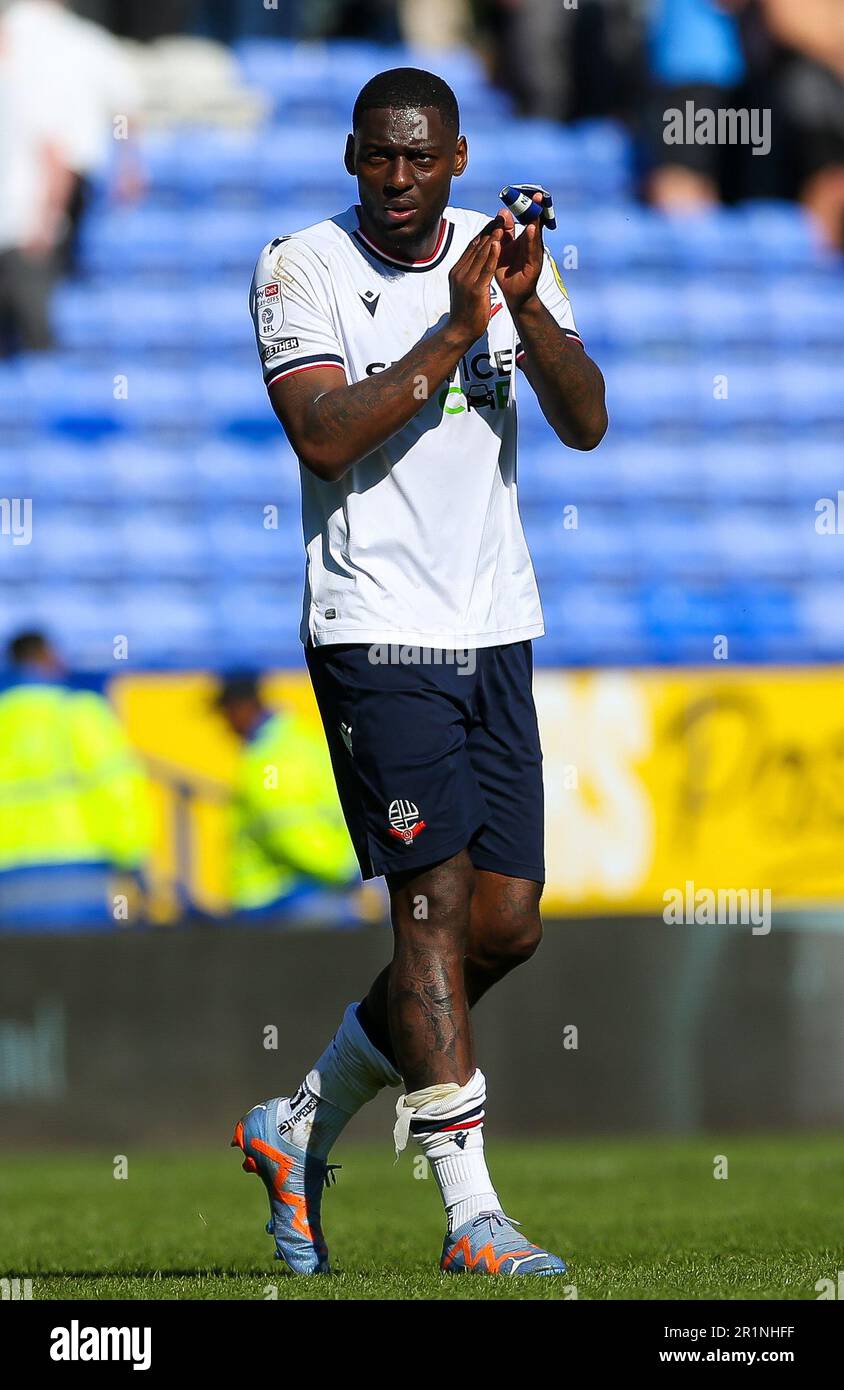 Bolton Wanderers' Ricardo Almeida Santos applauds the fans after the final whistle following the Sky Bet League One play-off semi-final first leg match at the University of Bolton Stadium, Bolton. Picture date: Saturday May 13, 2023. Stock Photo