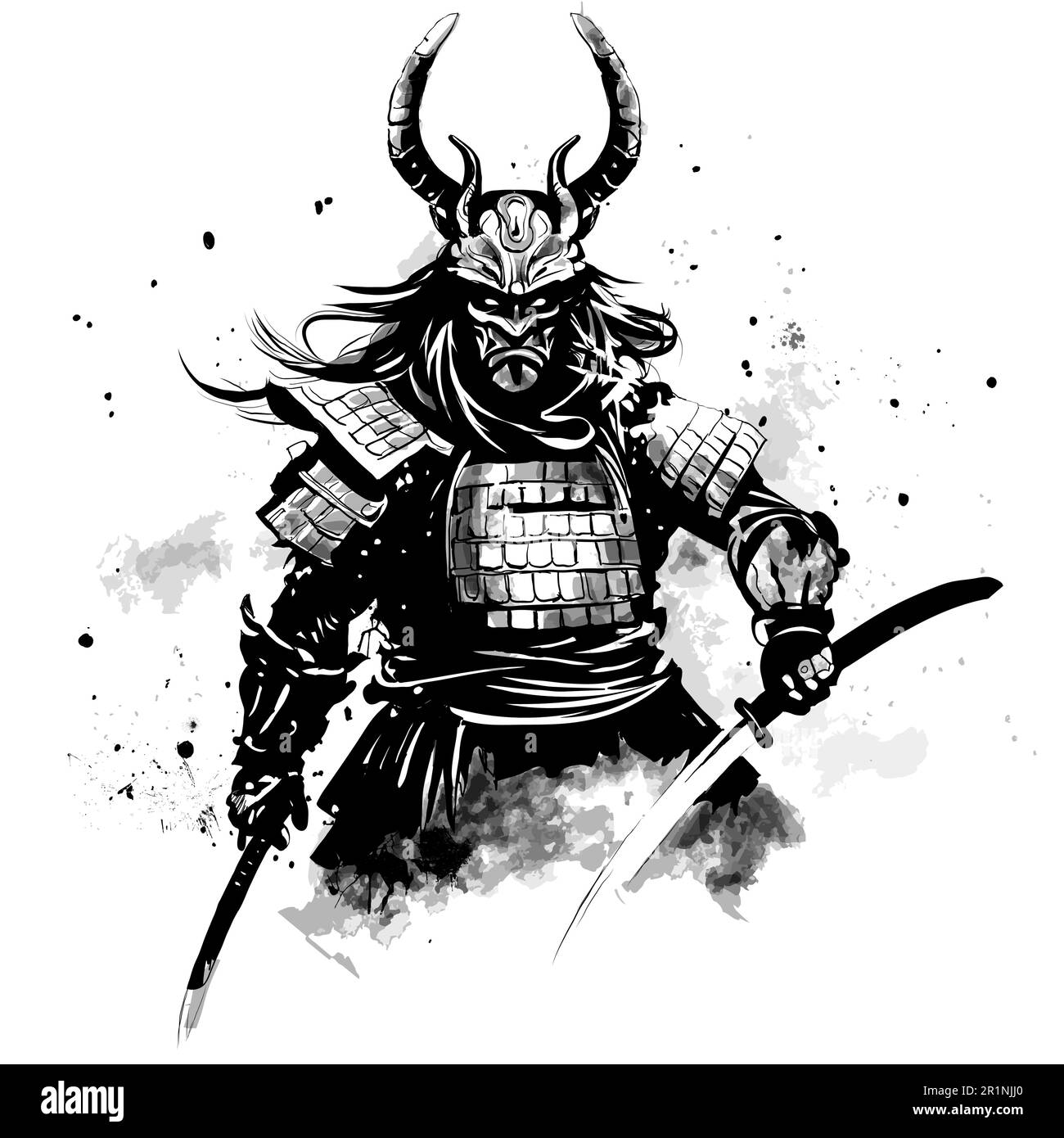 Original illustration of a Japanese samurai fighting with sword and