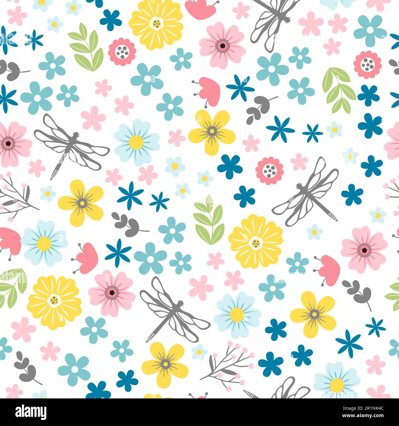 Simple seamless pattern with flowers and dragonflies Stock Vector