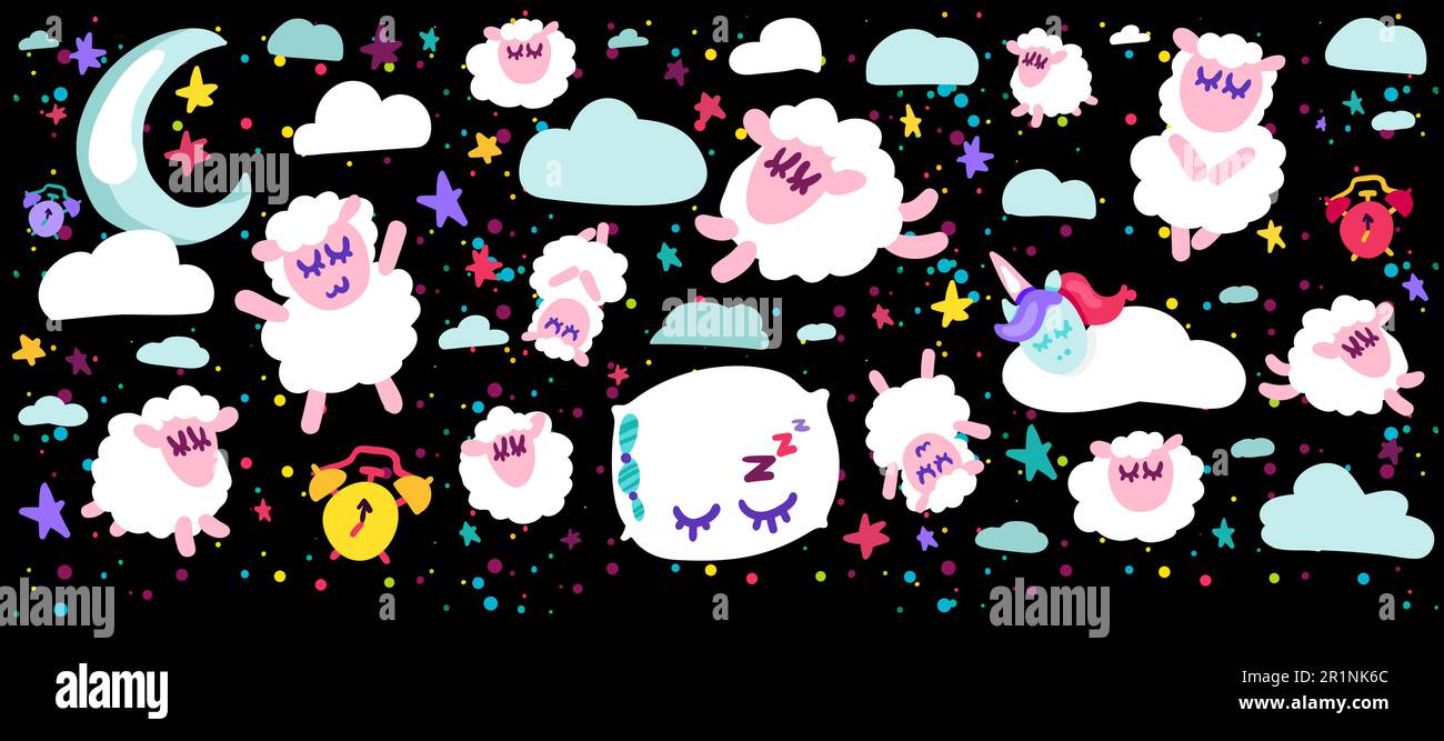 Sleeping sheep vector illustrations set. Bed time positive illustration. Night sky design elements Stock Vector