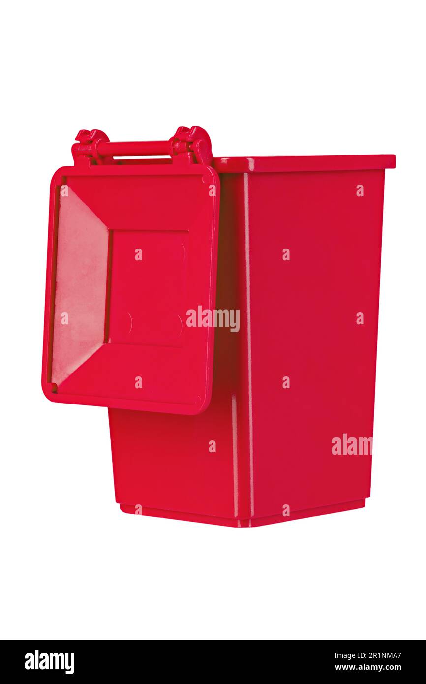 A new unbox red large plastic bin  isolated on white background. Garbage container with a lid. Concept of cleaning, waste separation, and public hygie Stock Photo