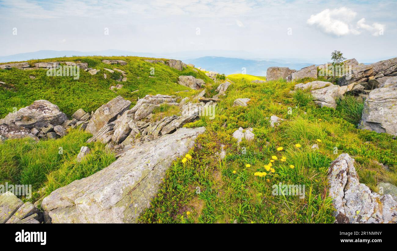 green hills and meadow in mountains. stones among the grass beneath a sky with clouds. summer vacations in ukraine Stock Photo