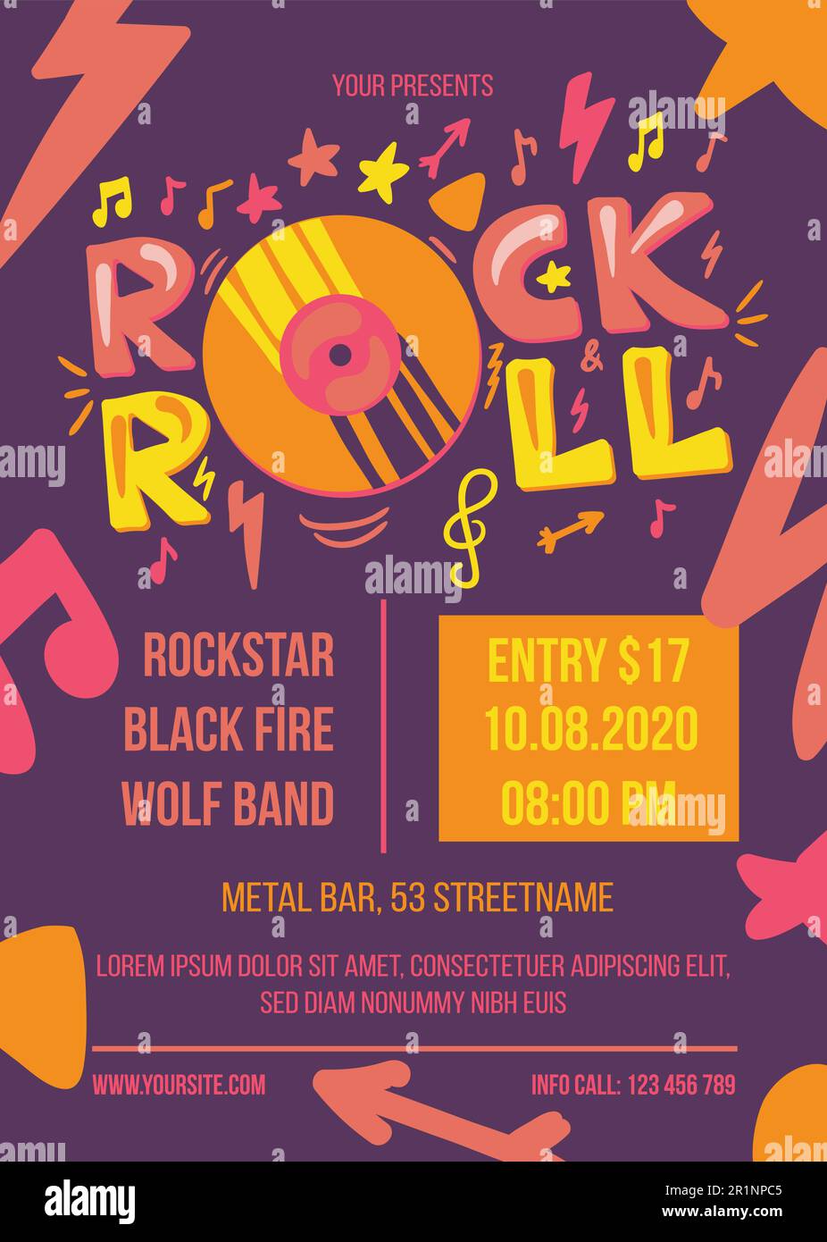 Rock and Roll Event Retro Style Poster Template. Banner for Live Music