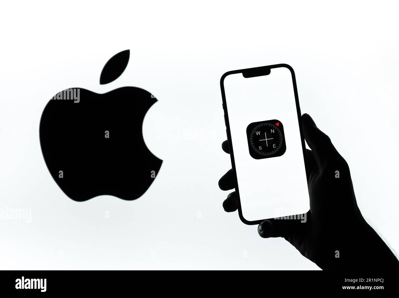 West Bangal, India - February 20, 2023 : Apple Compass app on phone screen stock image. Stock Photo