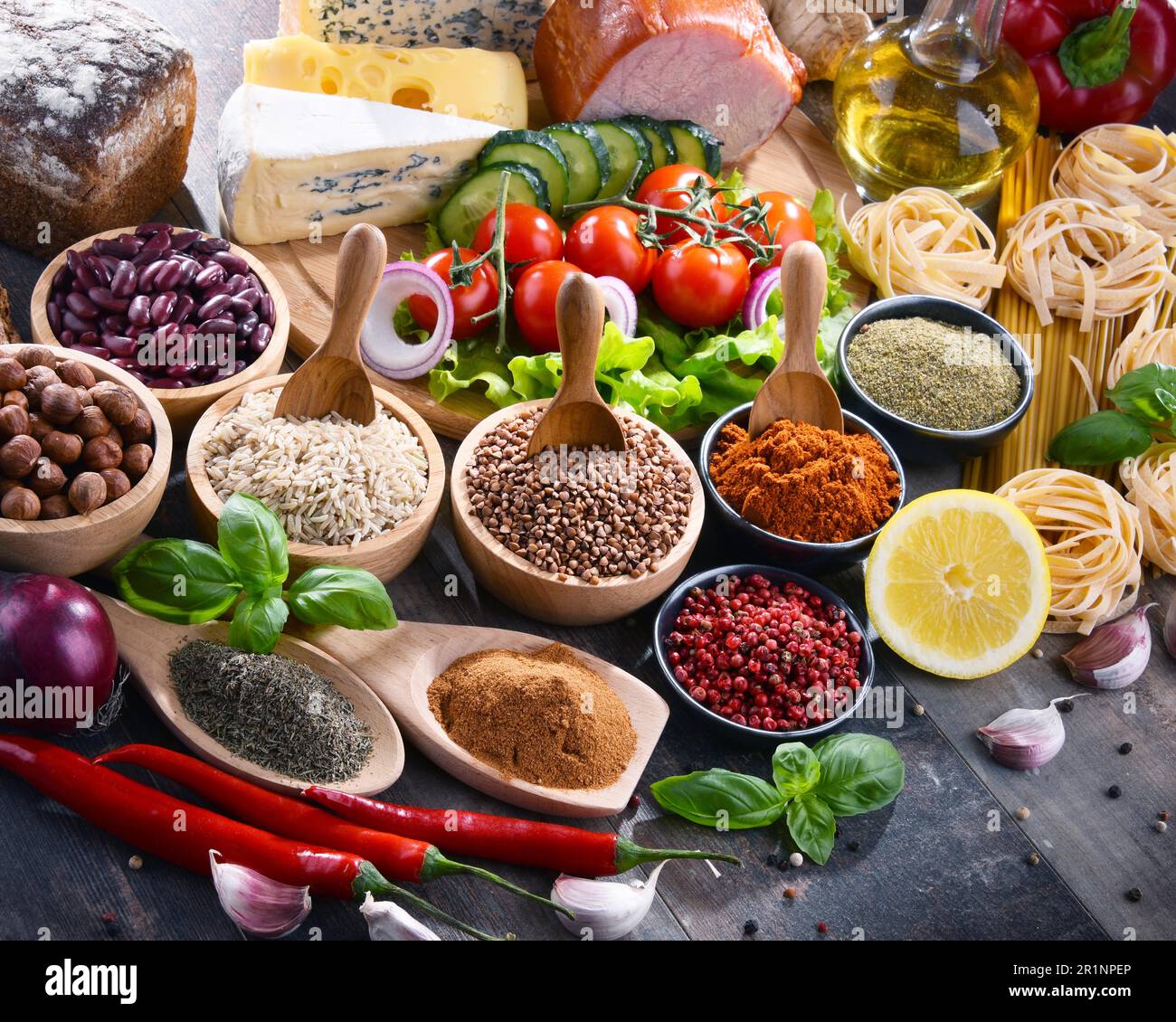 Composition with assorted organic food products on the table Stock Photo