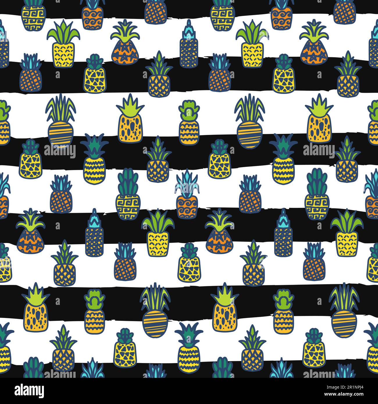 Pineapples vector seamless pattern. Summer fruit on striped background. Tropical wallpaper design Stock Vector