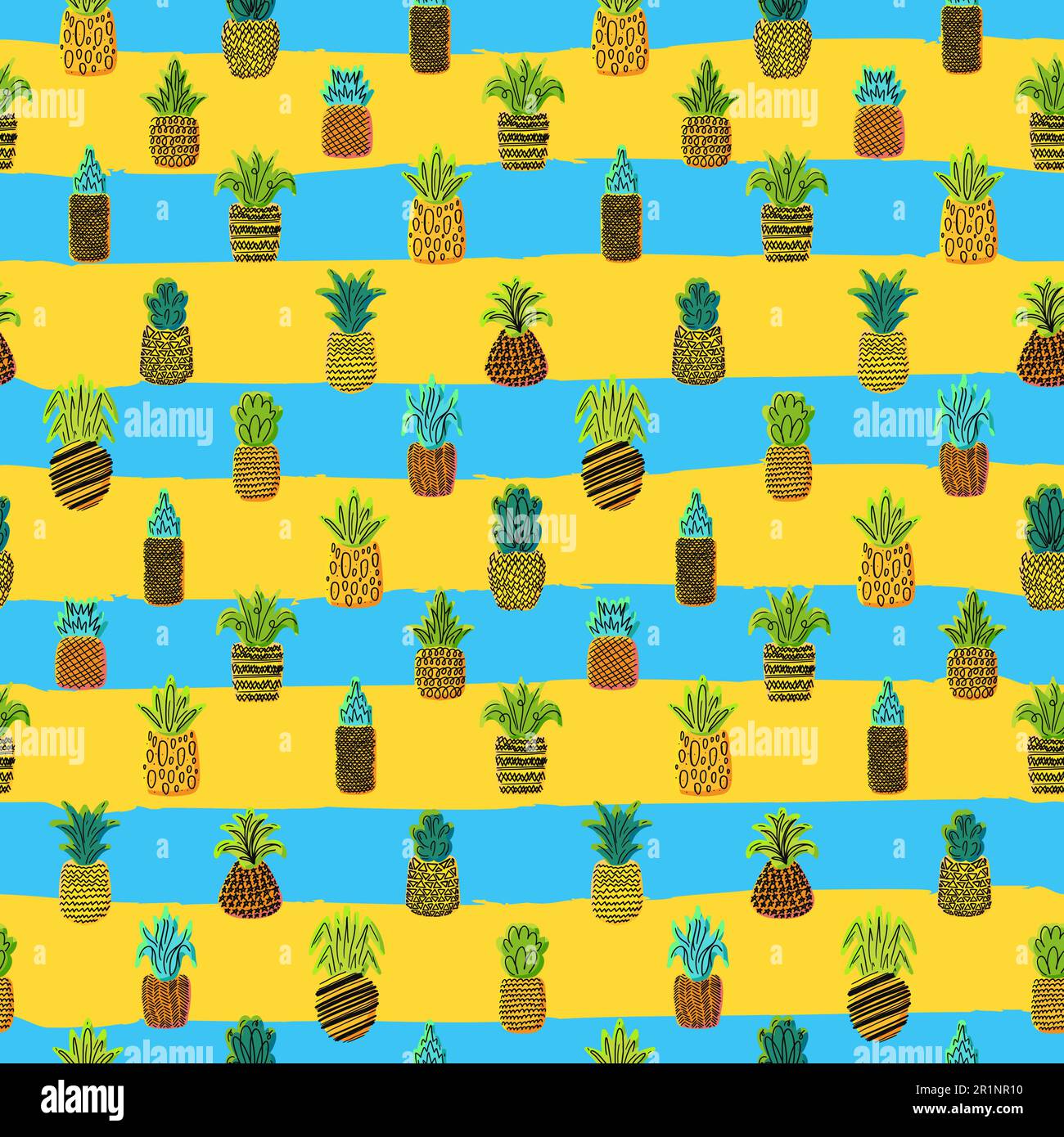 Pineapples vector seamless pattern. Summer fruit on striped background. Tropical wallpaper design Stock Vector