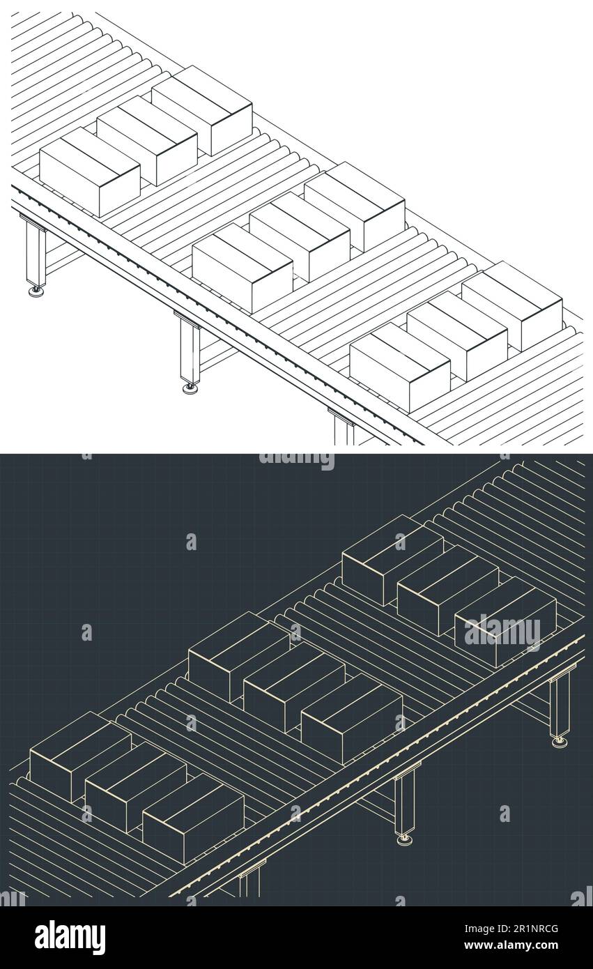 Stylized vector illustrations of isometric drawings of automated conveyor line for warehouses Stock Vector