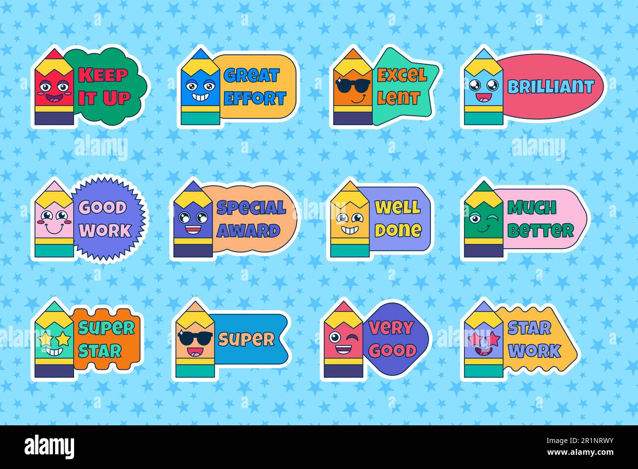 Set of teacher reward stickers, cute cartoon school award signs with smiling pencil