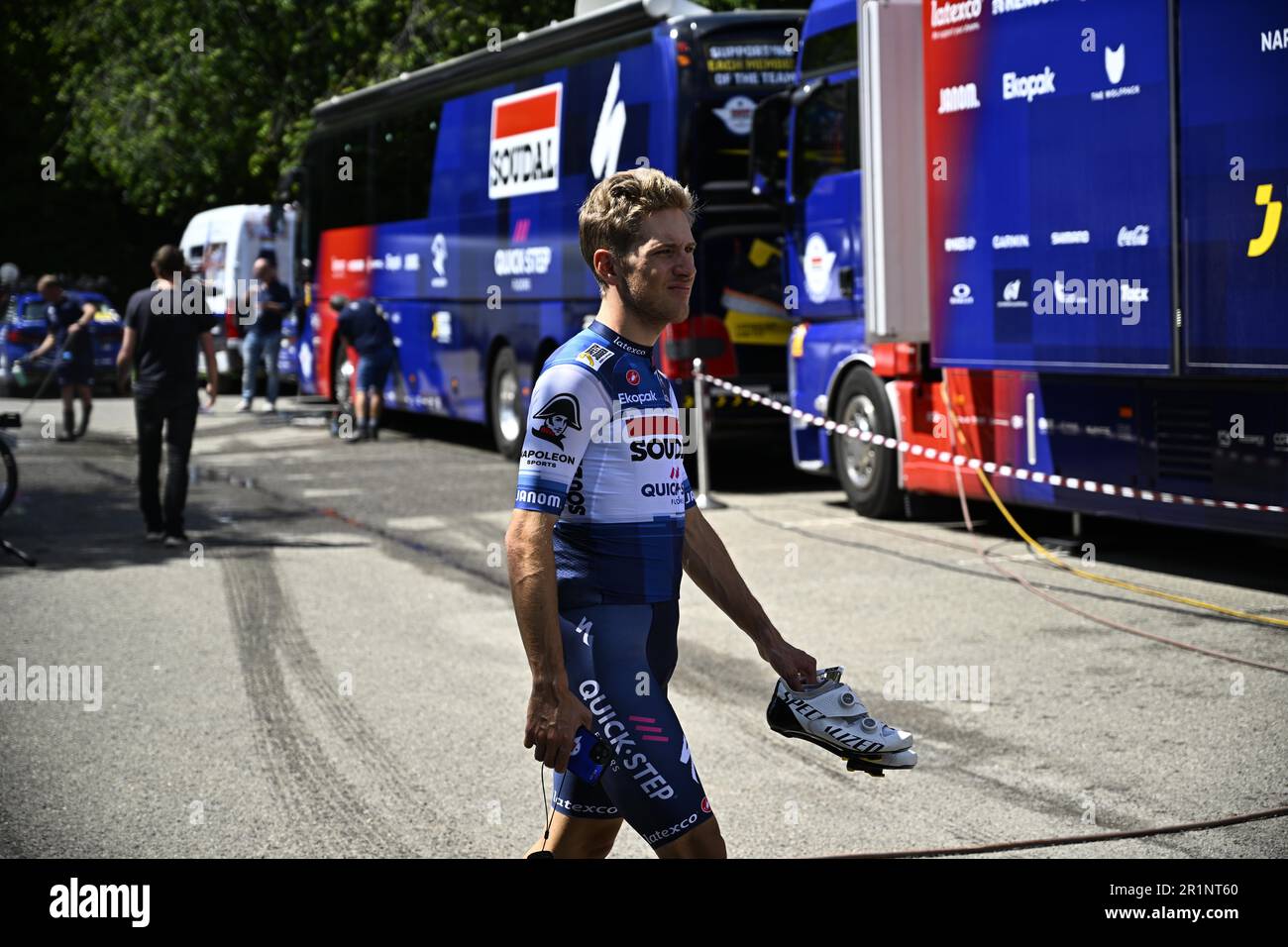 Campogalliano, Italy. 15th May, 2023. Soudal QuickStep riders pictured