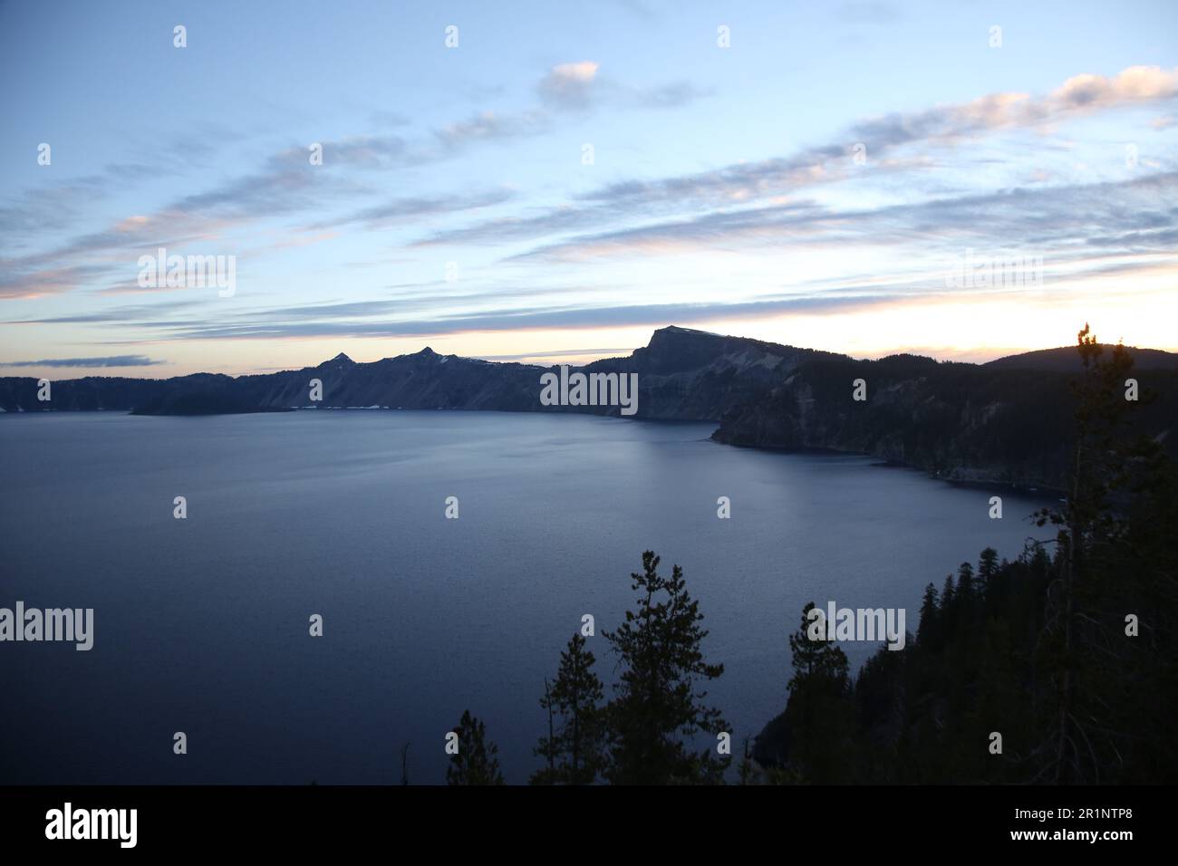 A scenic view of Crater Lake National Park at night. Stock Photo