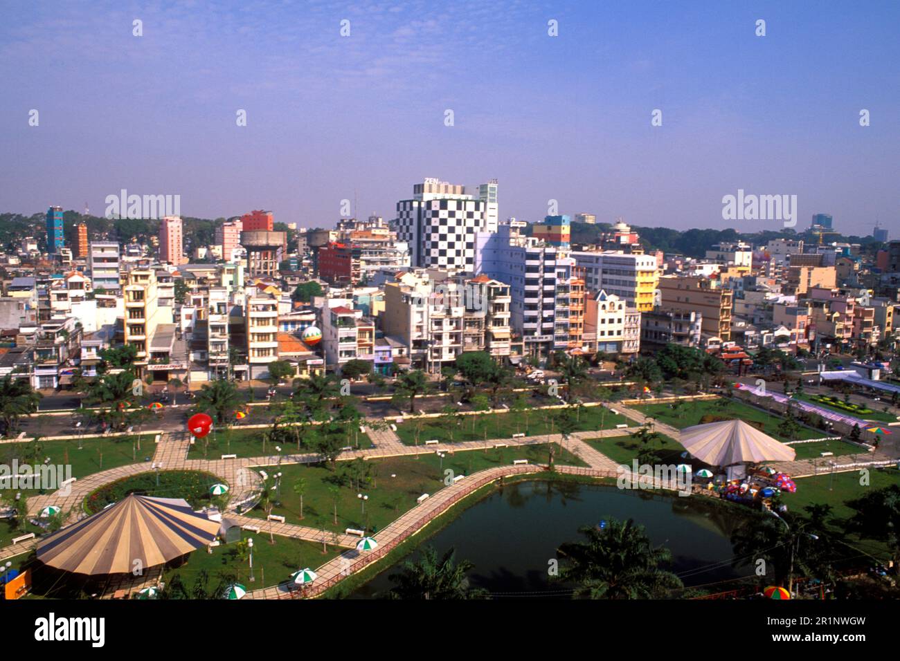 Aerial of City Center Pham Ngu Lao Area Ho Chi Minh City Saigon Vietnam Stock Photo