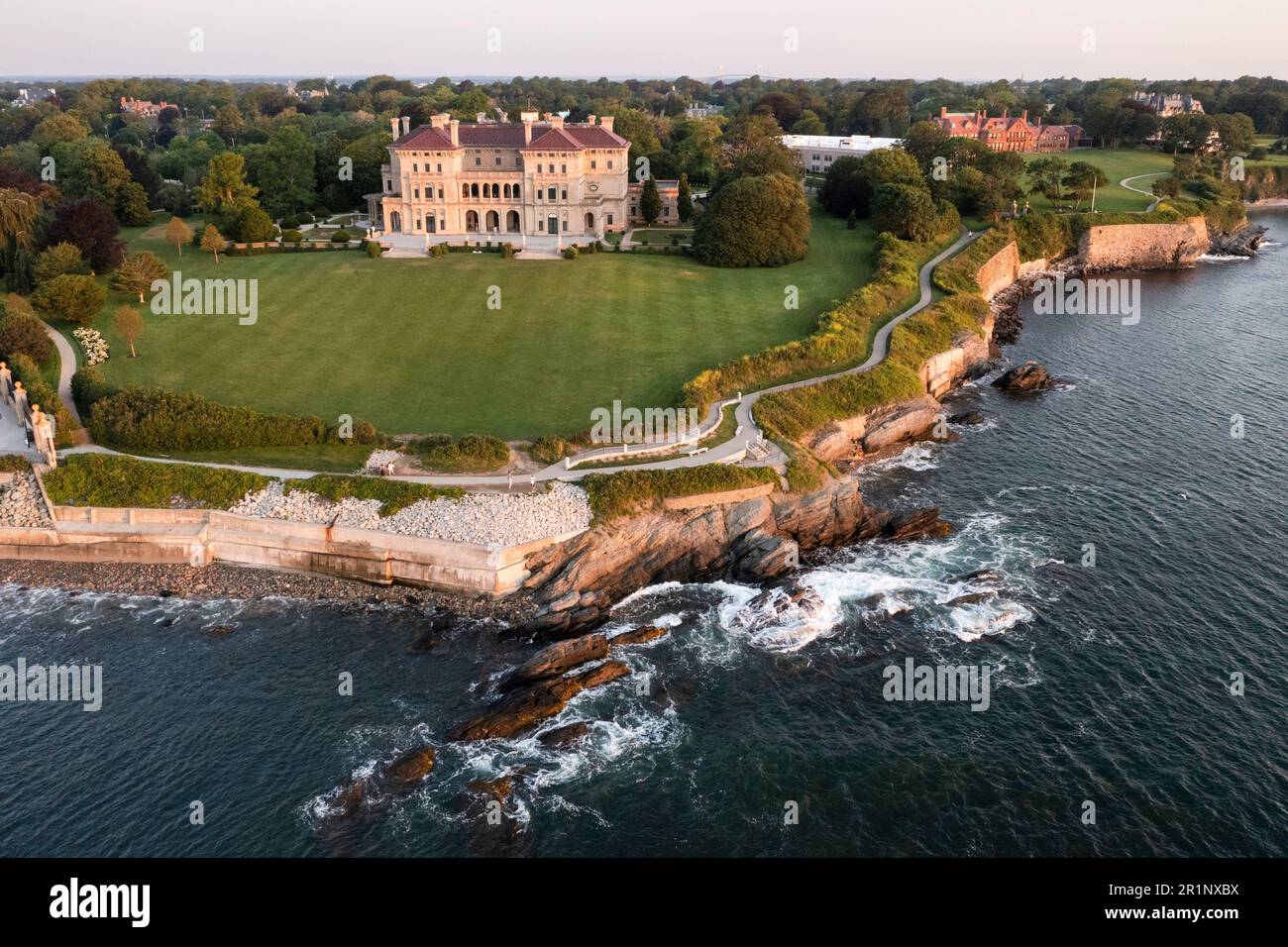 Newport Cliff Walk The Breakers mansion at sunrise by aerial drone