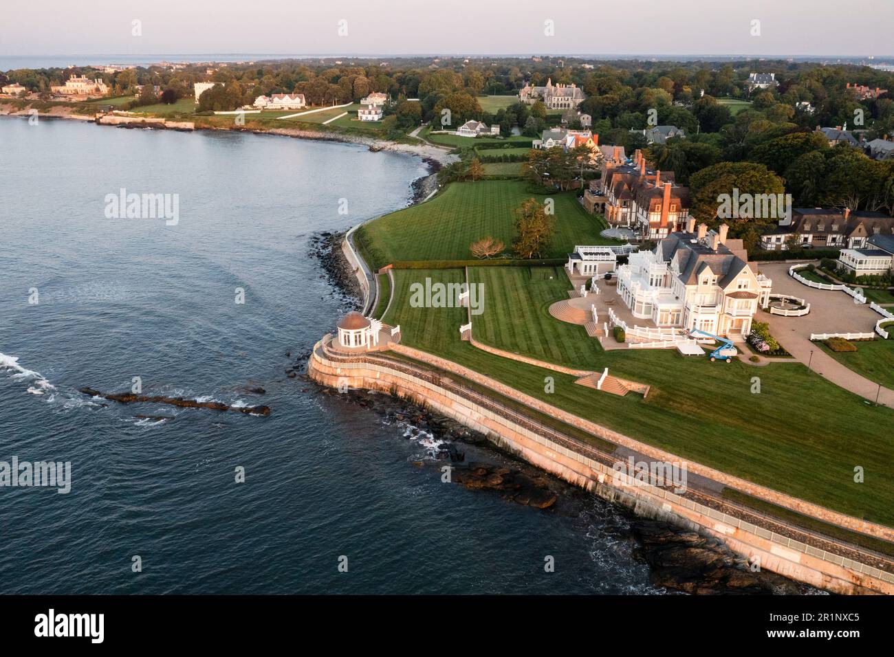 Newport Cliff Walk Anglesea mansion at sunrise by aerial drone Stock Photo