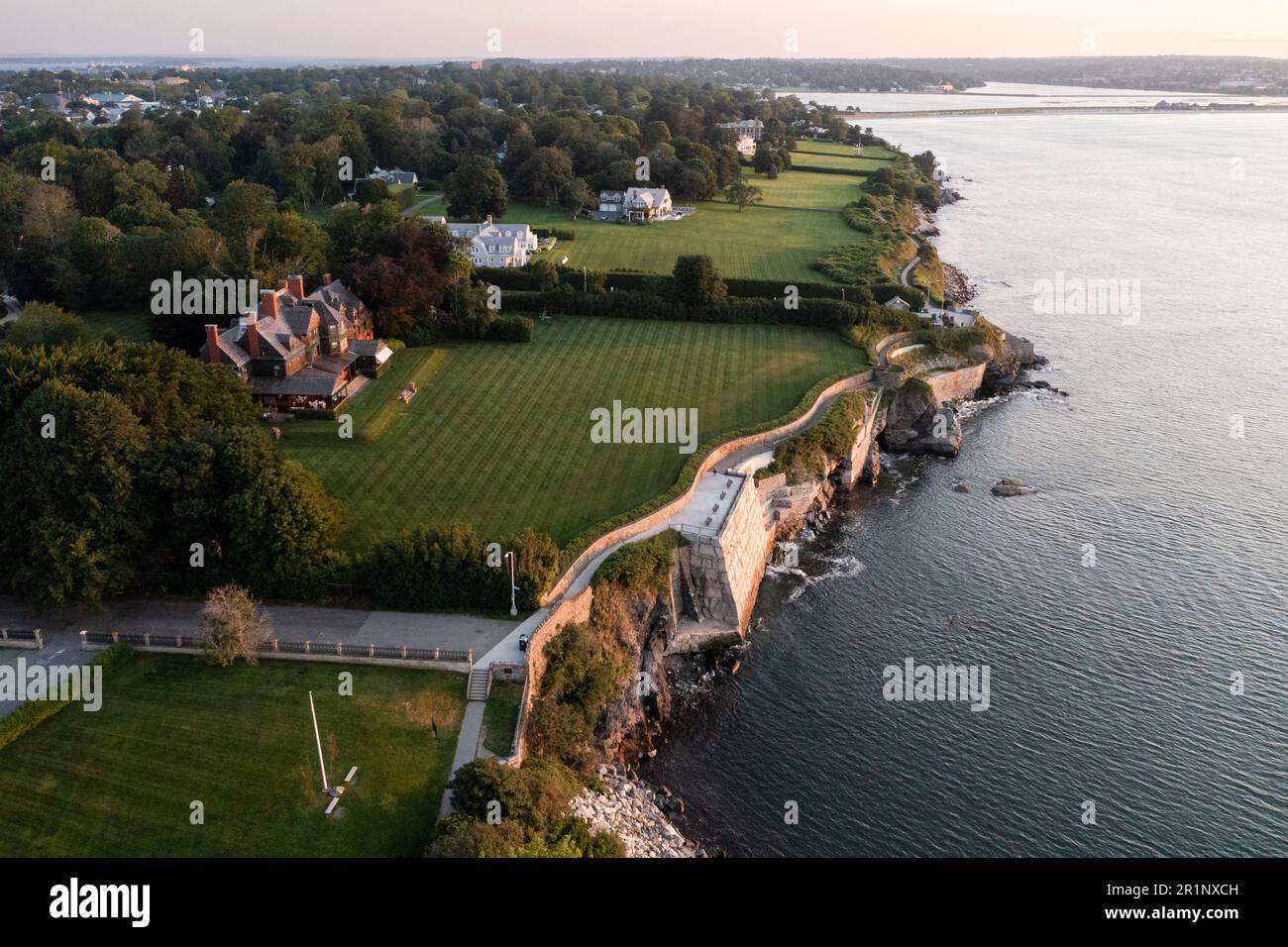 Newport Cliff Walk Ochre Point mansion at sunrise by aerial drone Stock