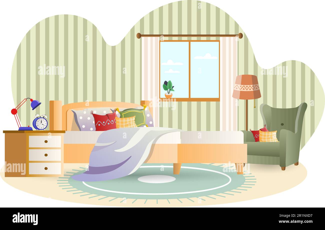 Bedroom illustration. Bed, pedestal, armchair, pillows, lamp. Editable