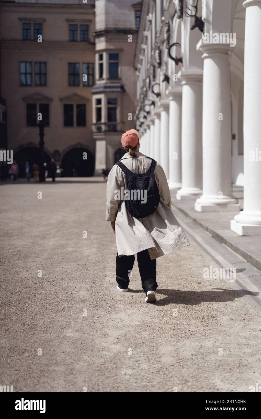 Man tourist in the Stallhof stable yard in Dresden. Stock Photo