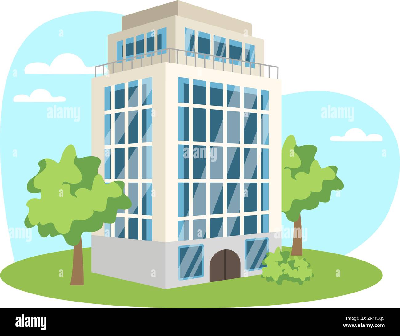 Hotel illustration. Building, tree, window, door. Editable vector