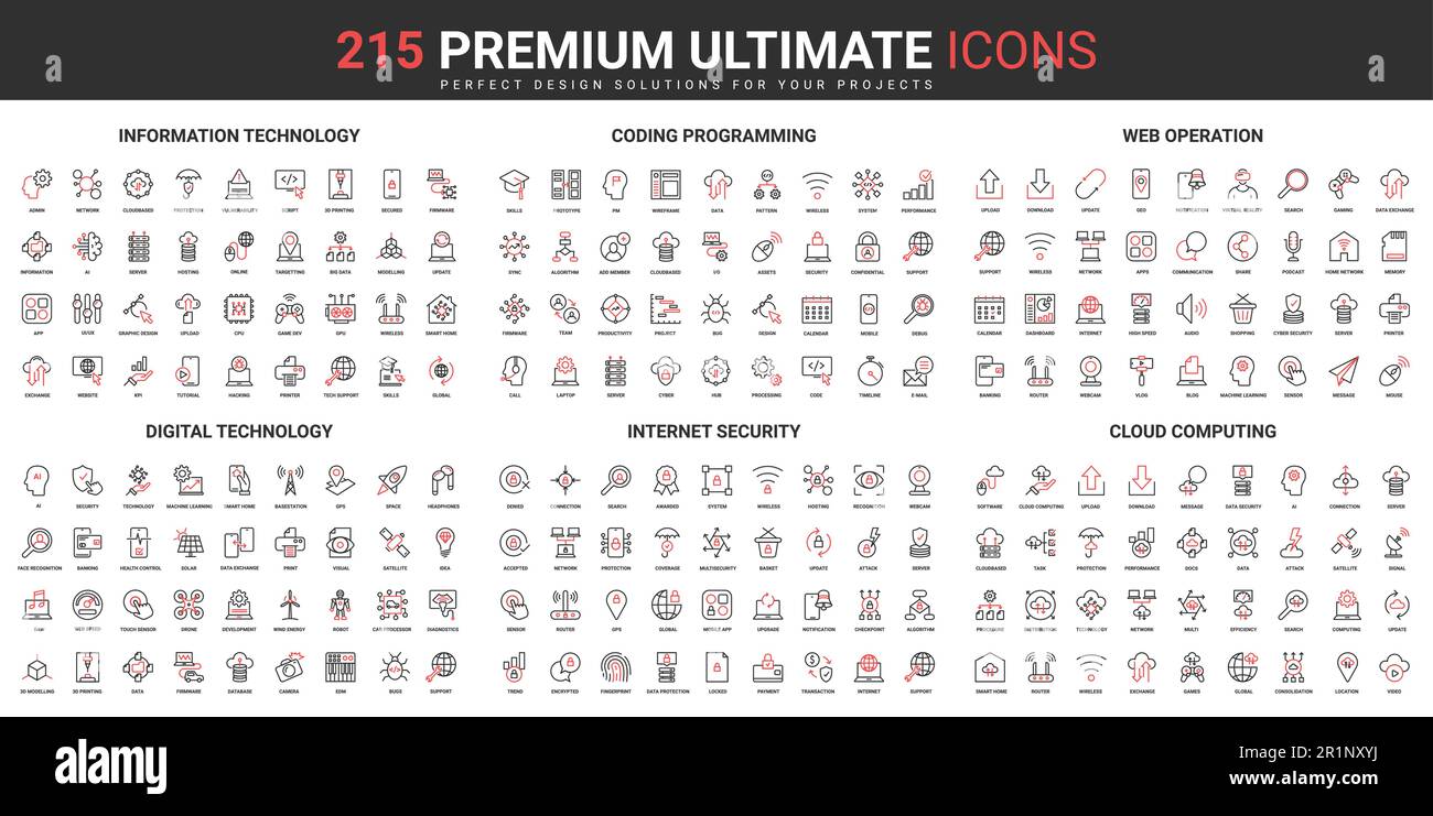 Web coding, programming and internet security thin line red black icons ...