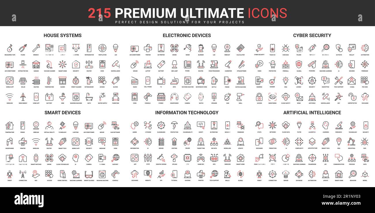Smart home systems and devices, AI information technology thin line red ...