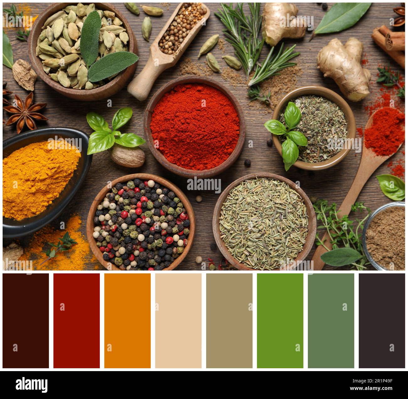 Flat lay composition with different herbs and spices on wooden table