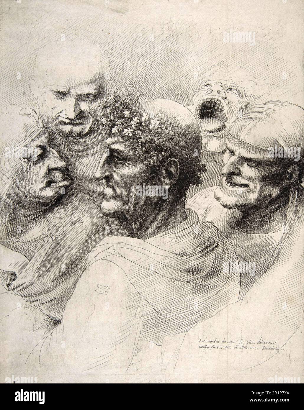 Five grotesque heads, including an elderly man with an oak leaf wreath, 1646, after Leonardo da Vinci, Historic, digitally restored reproduction from a 19th century original  /  Fünf groteske Köpfe, darunter ein älterer Mann mit einem Eichenlaubkranz, 1646, nach Leonardo da Vinci, Historisch, digital restaurierte Reproduktion von einer Vorlage aus dem 19. Jahrhundert Stock Photo