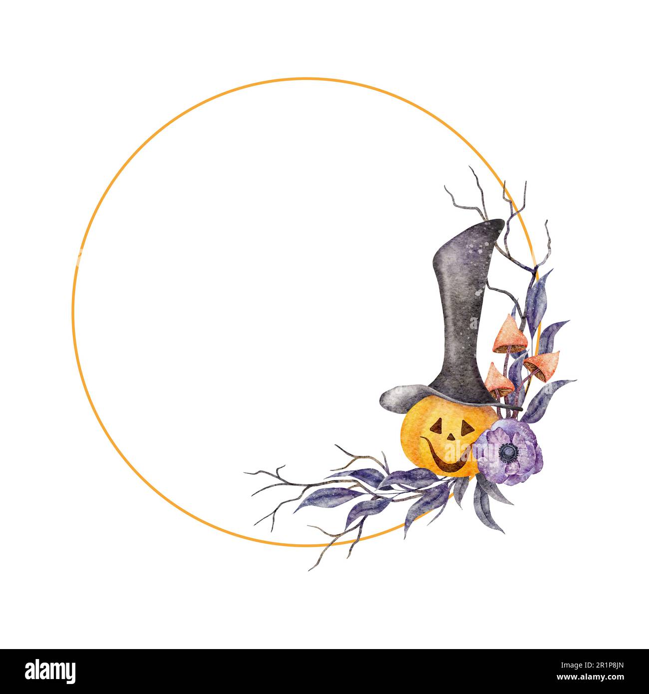 Scary Jack o Lantern halloween pumpkin face in long hat. Wreath with branches with leaves, twigs, anemone and mushroom, Halloween holiday. Watercolor Stock Photo