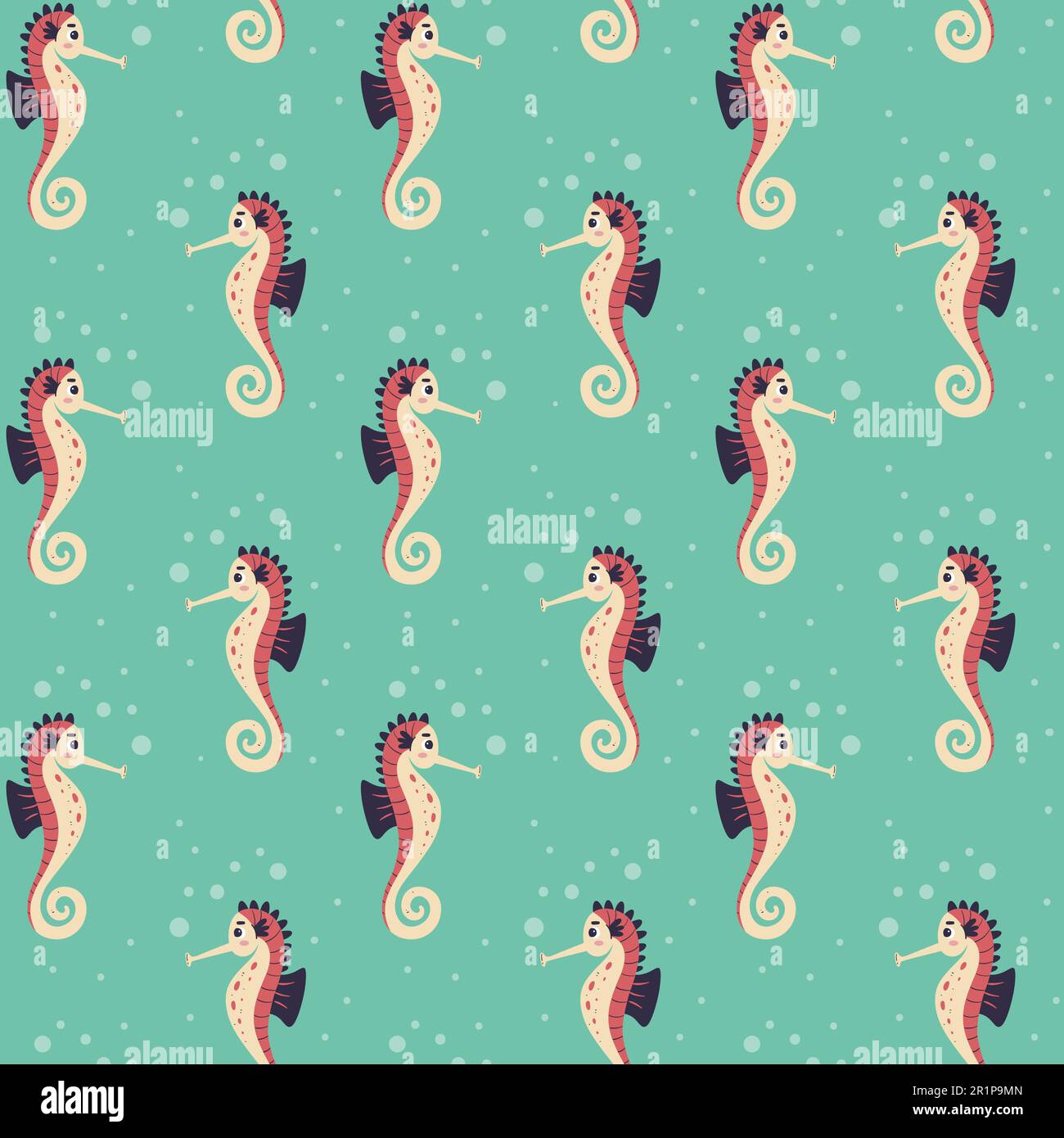 Cute seahorse seamless pattern with decorative bubbles, isolated on turquoise background. Hand-drawn vector illustration. Stock Vector