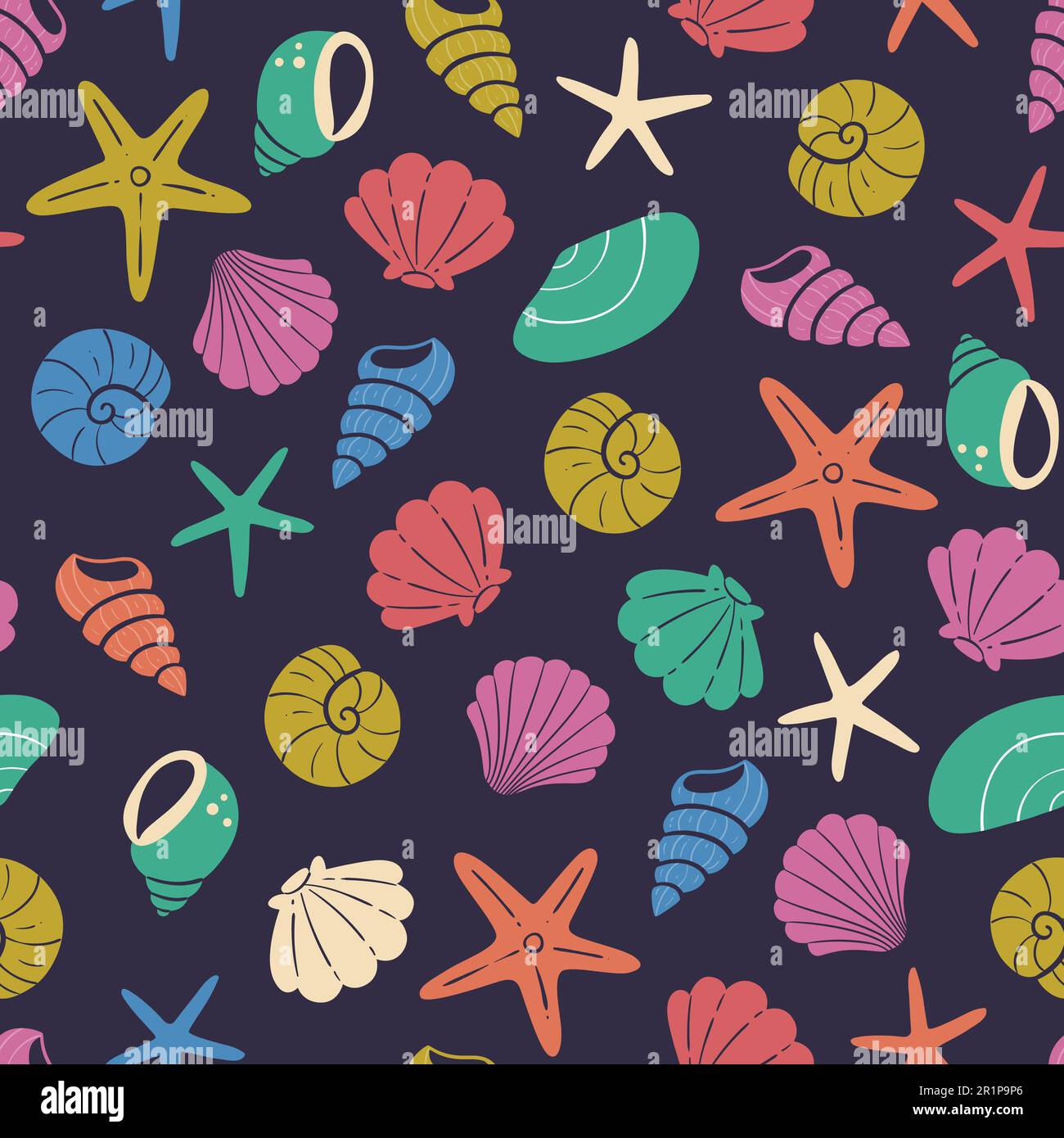 Seashell seamless pattern. Marine background decorative elements isolated on dark background. Hand-drawn colorful vector illustration Stock Vector
