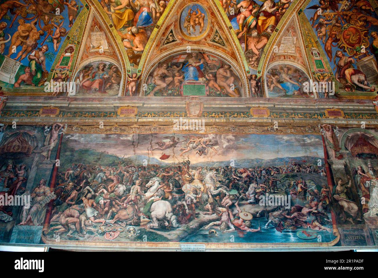 Ceiling Painting Battle of Milvian Bridge, by Raphael, Fresco, Fresco, Room of Constantine, Raphael Rooms, Stanze di Raffaello, Apostolic Palace Stock Photo