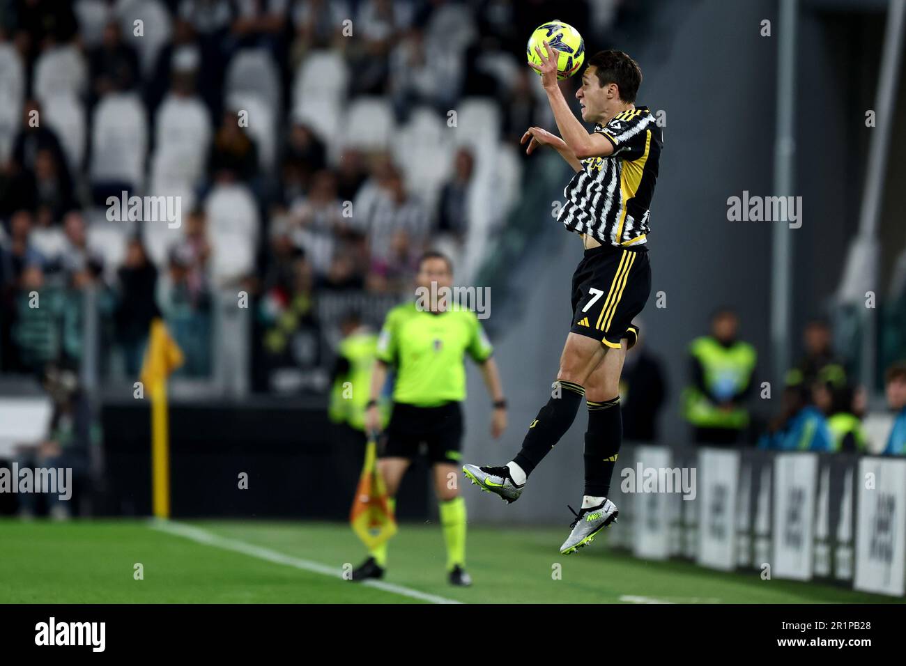 Turin, Italy. 14th May, 2023. Federico Gatti of Juventus FC wearing the new  jersey Home Kit 23/24 during the Serie A 2022/23 football match between Juventus  FC and US Cremonese at the