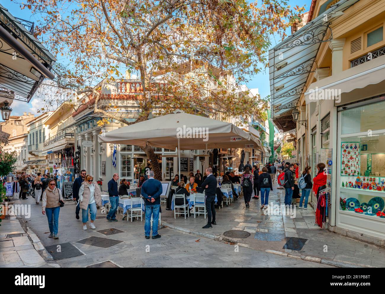 The junction of Adrianou St and Kidathinaion St, in the historic district of Plaka, in Athens, Greece. Stock Photo