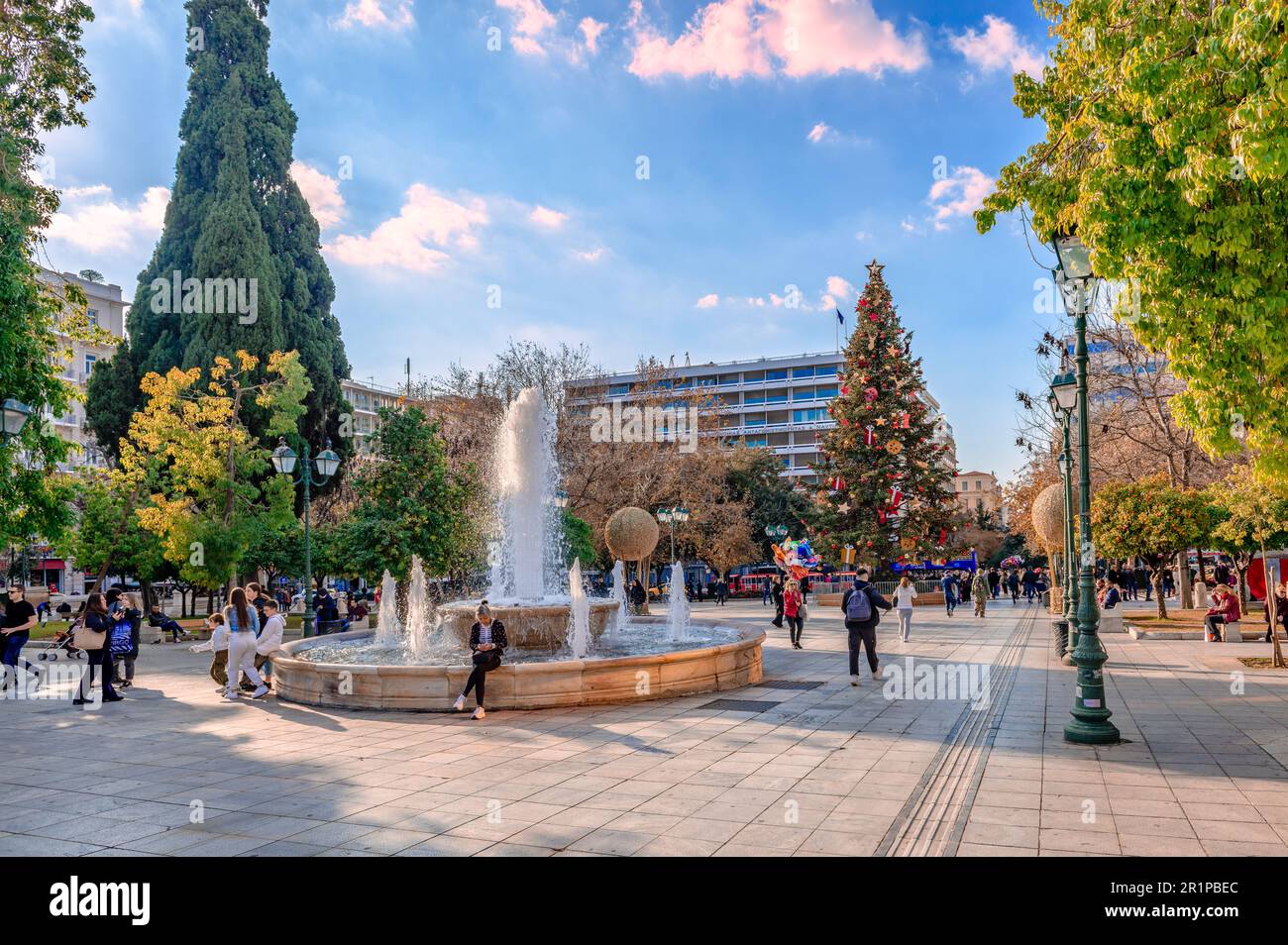 Plateia Syntagmatus (Syntagma Square), what is generally considered to be the centre of Athens, Greece, on a sunny day in the winter. Stock Photo