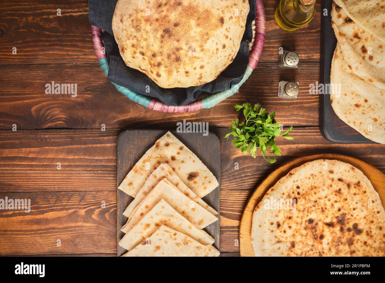 Egyptian traditional bread "Aish Baladi". Collection of Egyptian flatbread. This vegan bread is