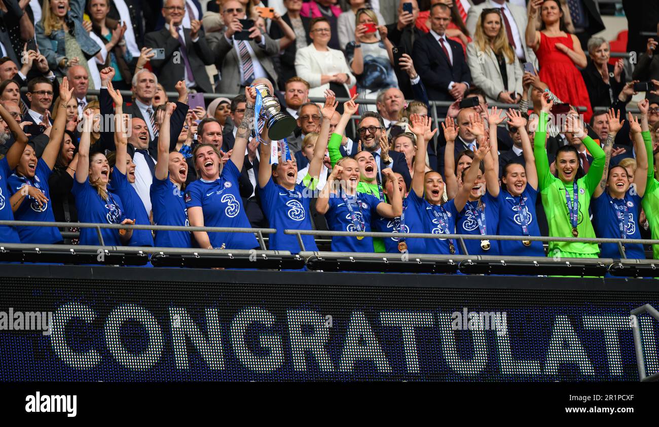 London, UK. 14th May, 2023. 14 May 2023 - Chelsea v Manchester United - Vitality Women's FA Cup - Final - Wembley Stadium Chelsea celebrate winning the Vitality Women's FA Cup final match at Wembley Stadium, London. Picture Credit: Mark Pain/Alamy Live News Stock Photo