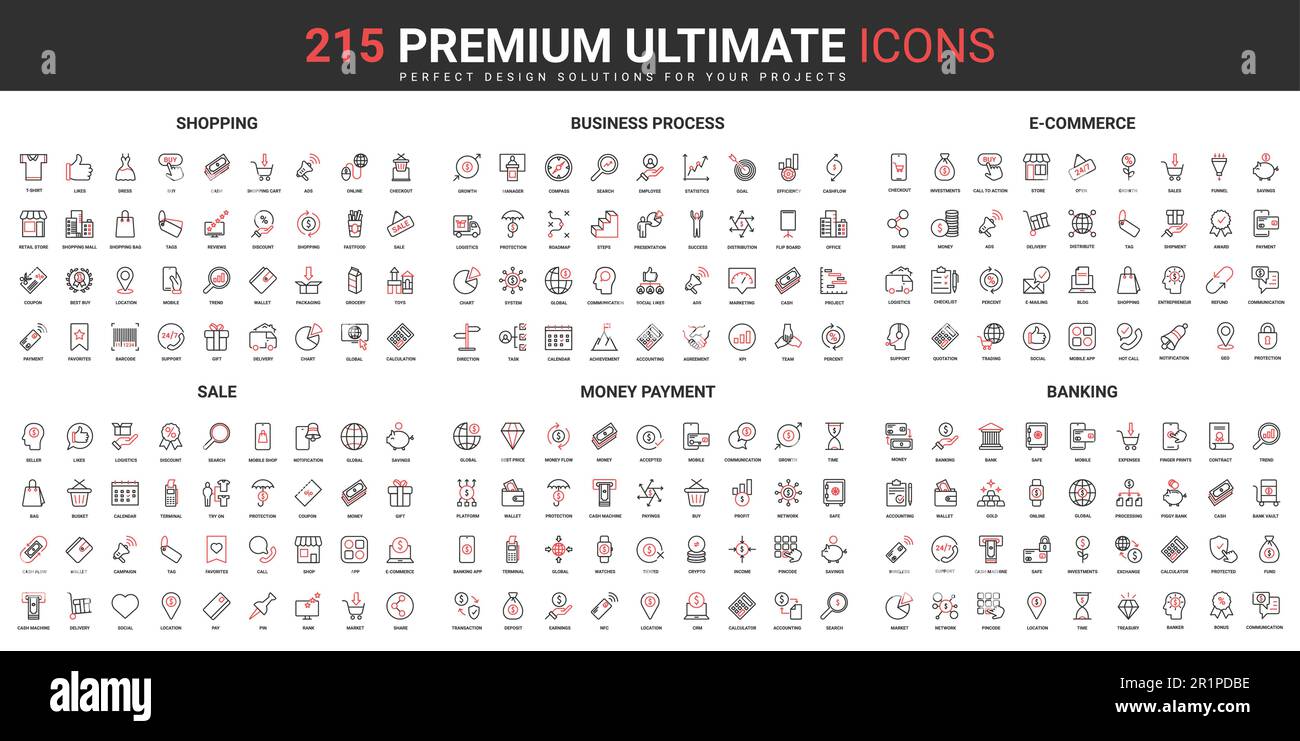 Banking, money payment, sales of ecommerce thin line red black icons ...