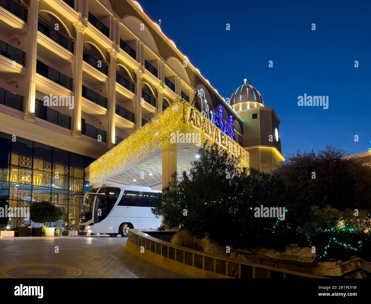 Entrance, Christmas atmosphere in a hotel complex on Lara Beach, Lara, Antalya, Turkey Stock Photo