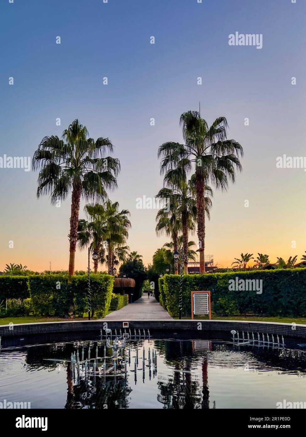 Palm trees, garden, hotel complex at Lara Beach, Lara, Antalya, Turkey Stock Photo