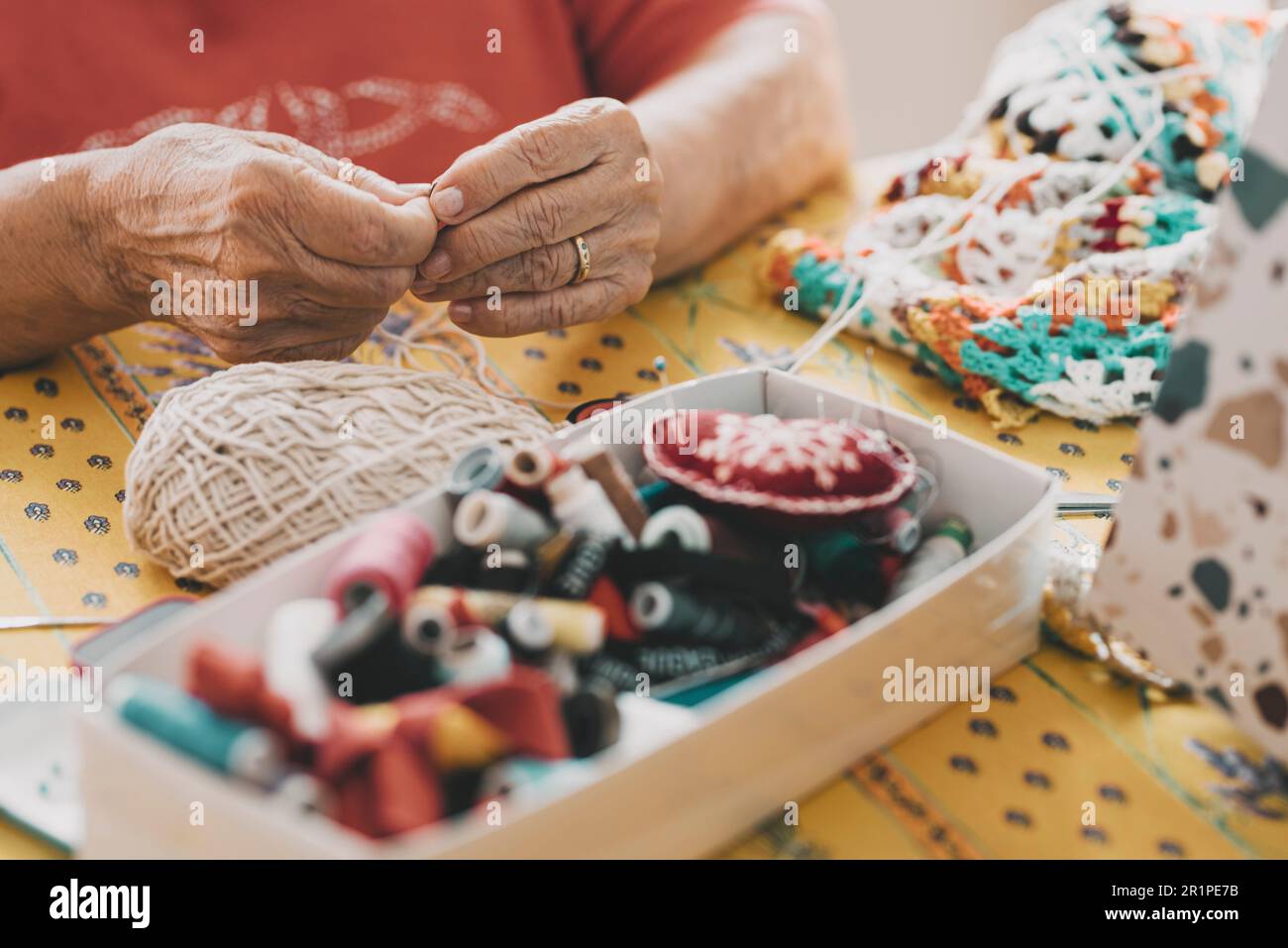 Senior, detail, hands, needlework, yarn, Stock Photo