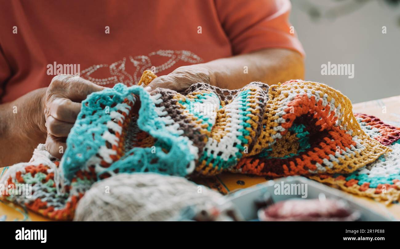 Close-up, woman, crochet blanket, work, hands, detail, Stock Photo