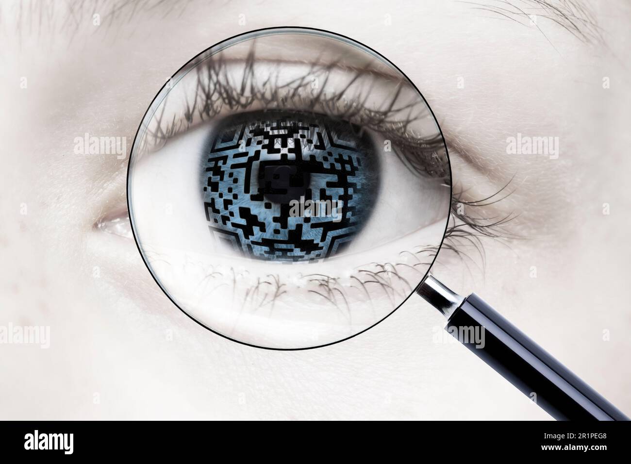 Eye with digital QR code and magnifying glass Stock Photo Alamy