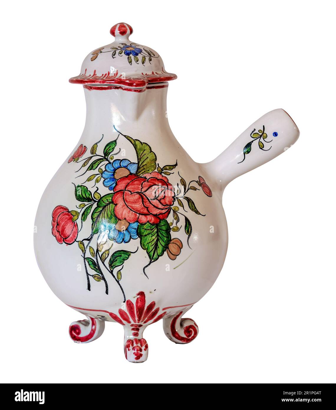 French white porcelain pitcher or coffee pot, decorated with flowers, roses and anemones Stock Photo