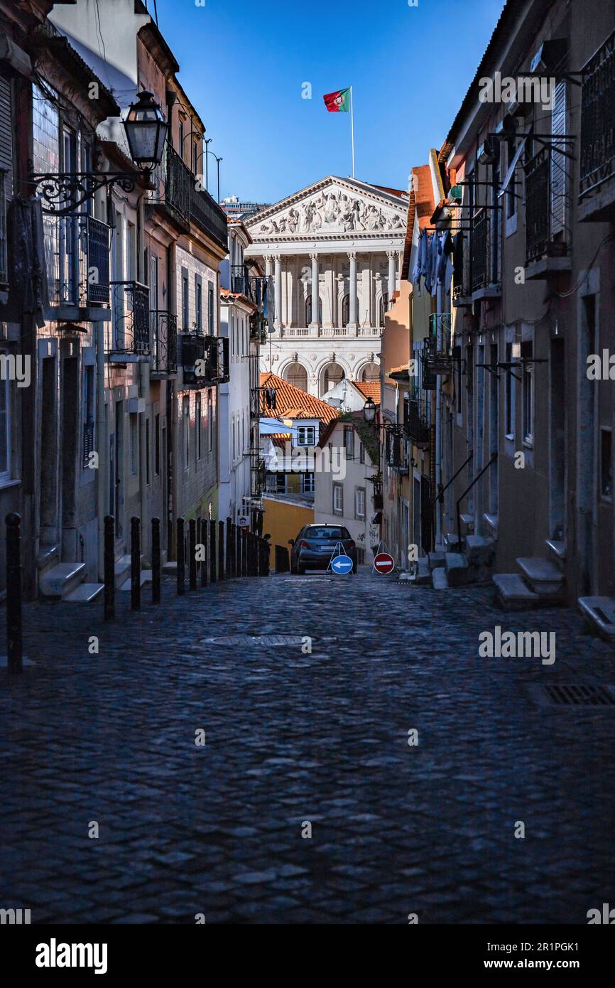 The old town Bairro Alto, narrow streets, old houses and a street view ...