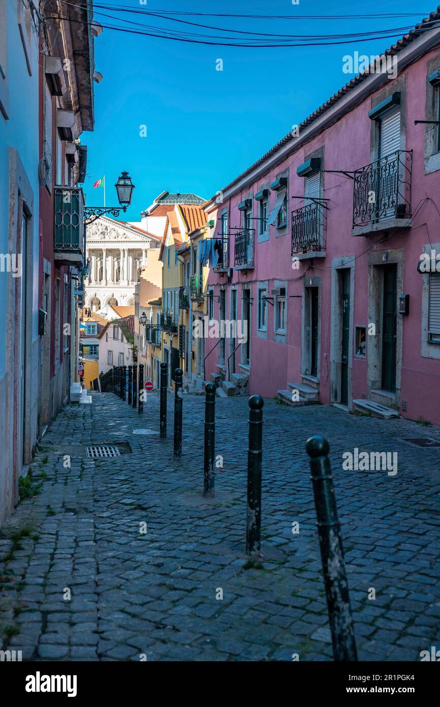 The old town Bairro Alto, narrow streets, old houses and a street view ...